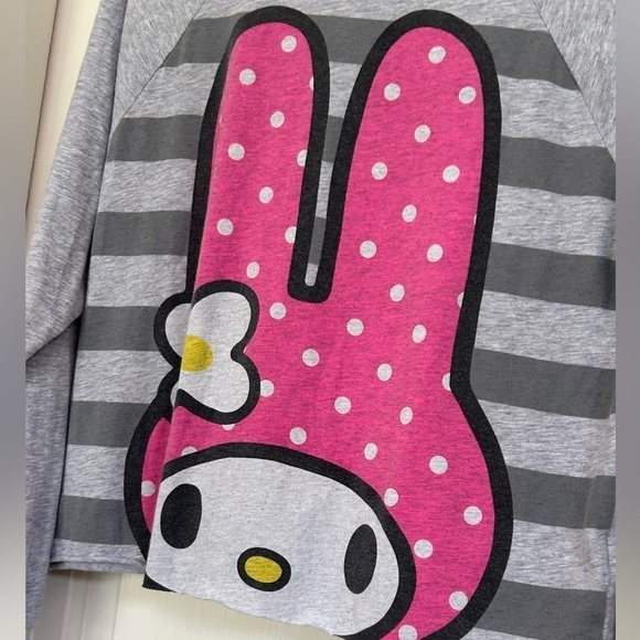 Hello Kitty Sanrio Roll Hem Long Sleeve Top Gray Stripe Pink Size Medium - Picture 6 of 10